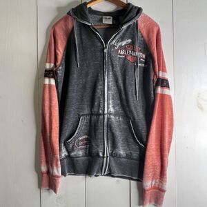 Harley-Davidson Hoodie Large Gray & Orange Zip-Up Sweatshirt Rhinestone